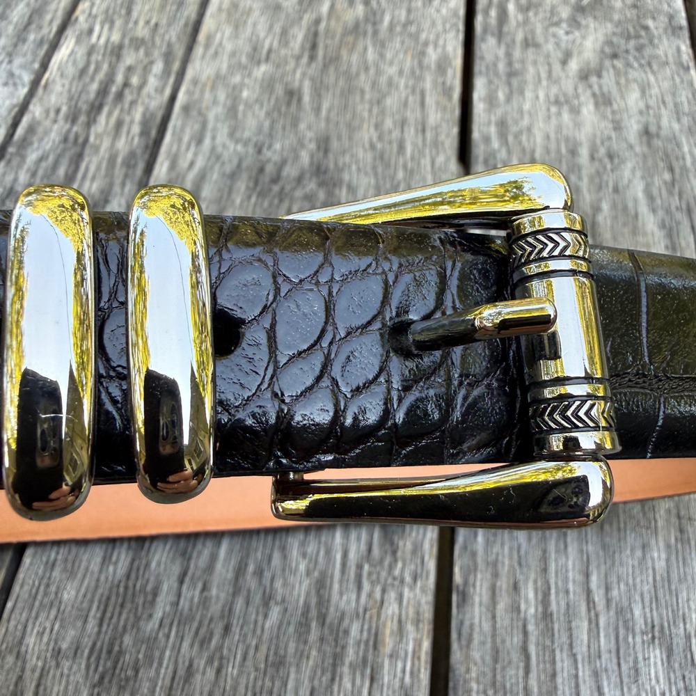 Martin Dingman Mens Black Alligator Grain Calf Leather Belt Silver Buckle 36